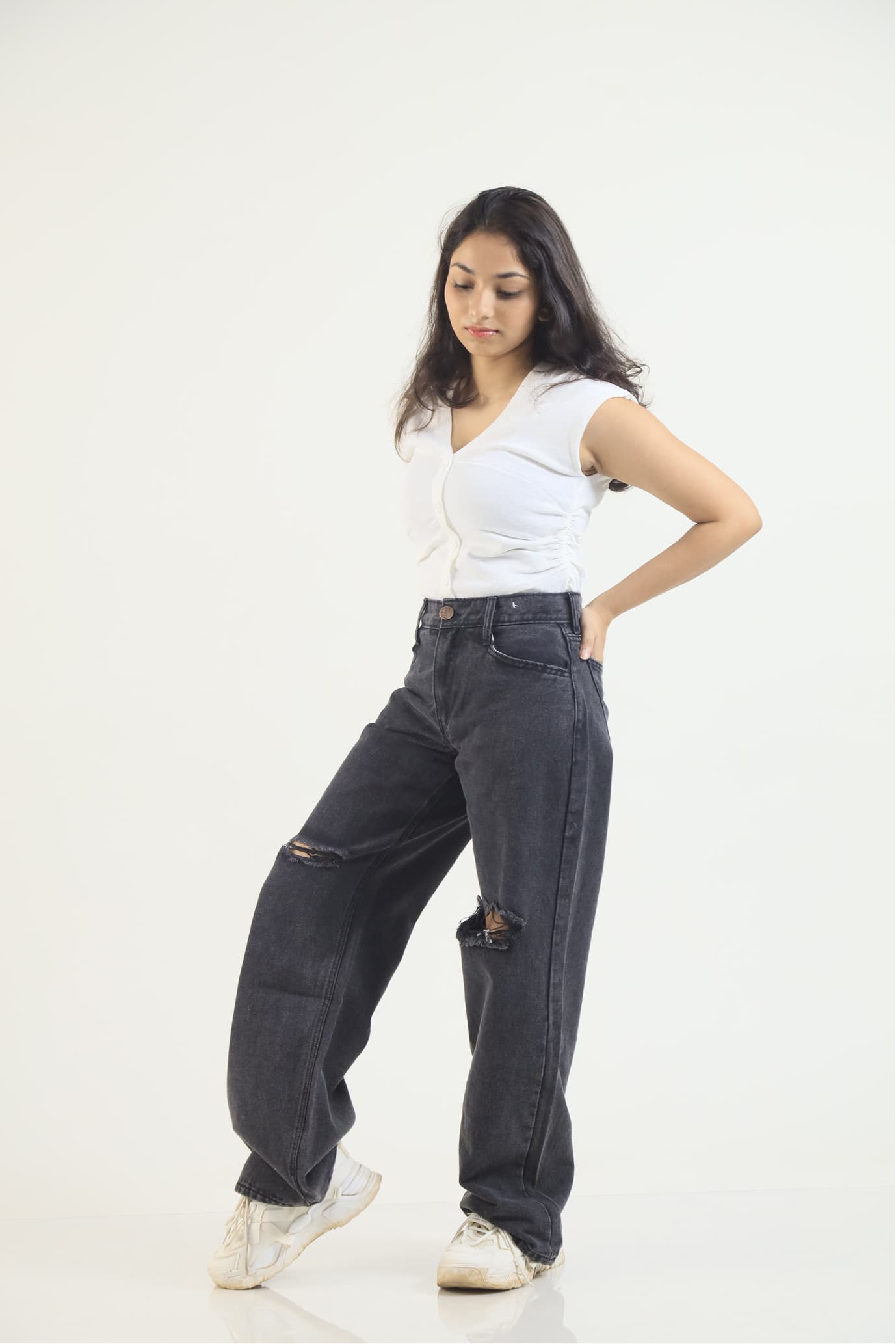 Lynx Acid Washed Wide Leg Patch Denim - Black — image 1
