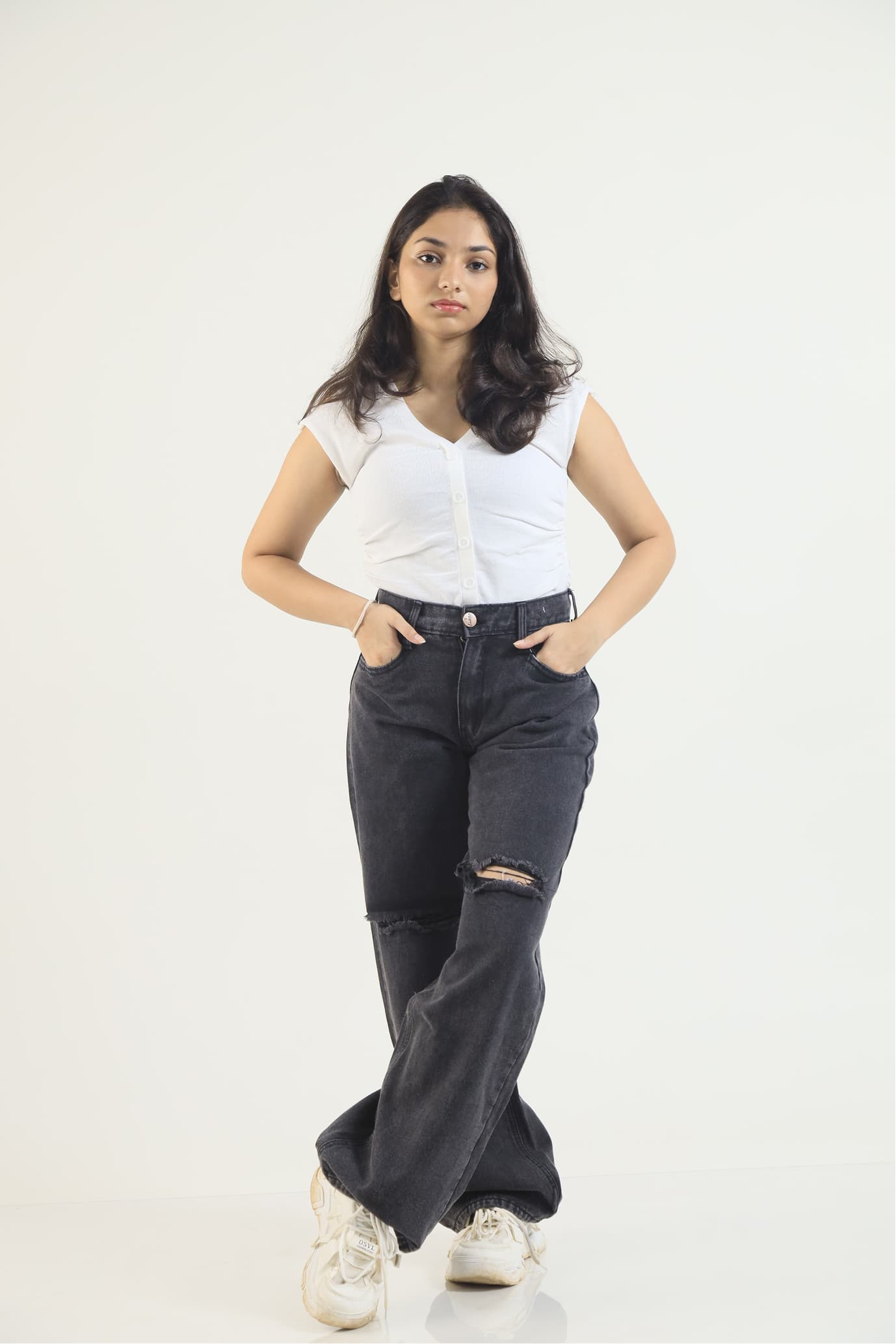 Lynx Acid Washed Wide Leg Patch Denim - Black — image 3